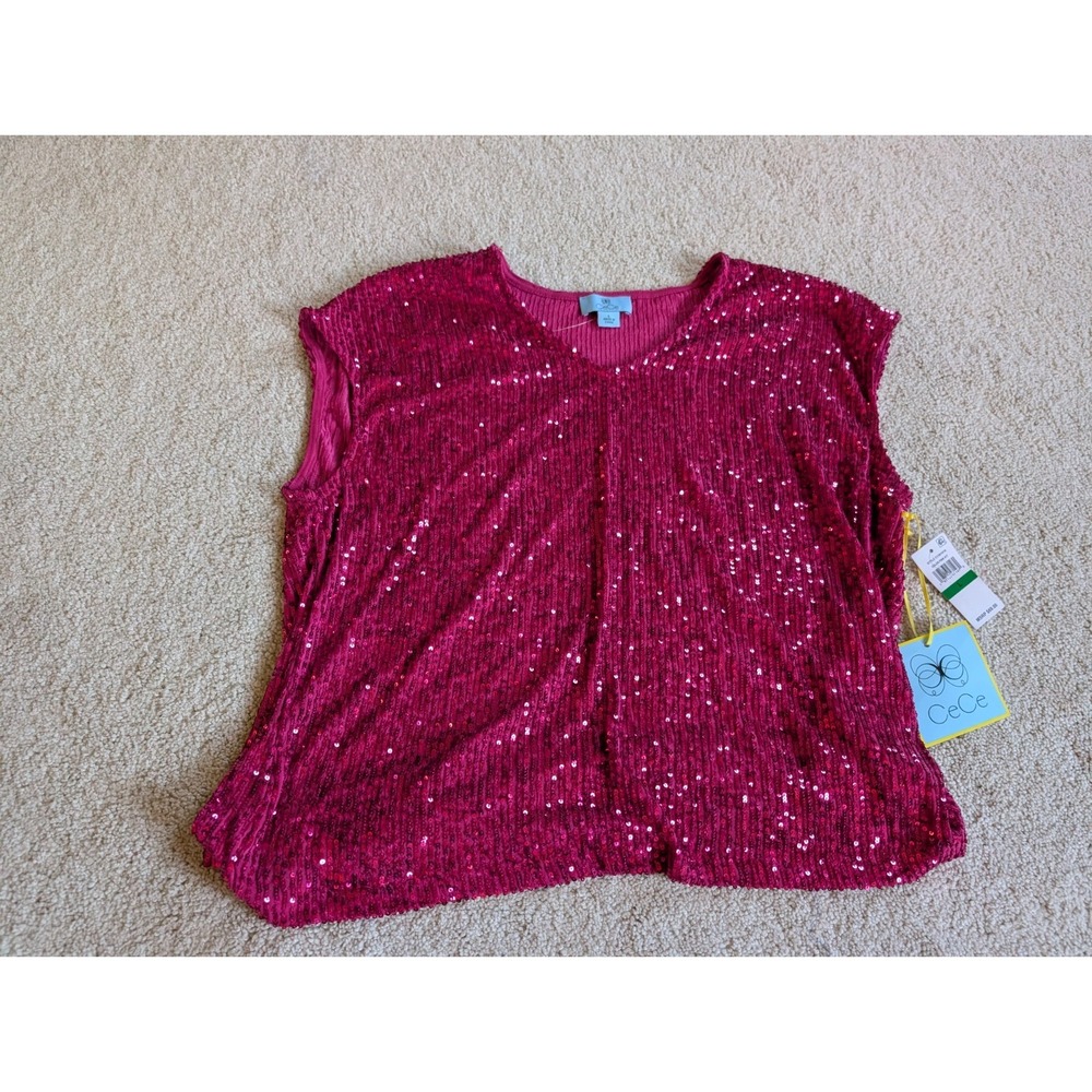 Cece Women Sparkly Sequin Pink Red Shimmer Shirt Top Large NWT C1561016